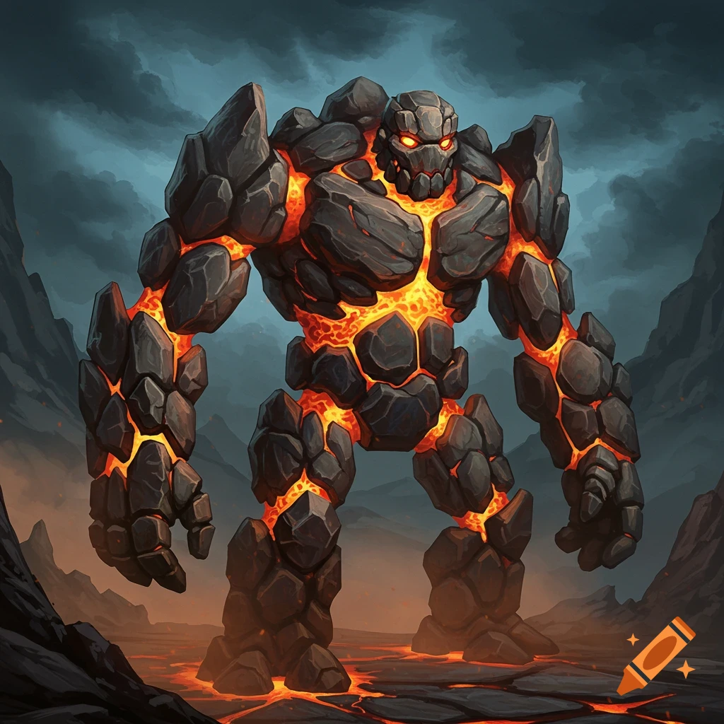 A rock golem with glowing lava cracks stands in a volcanic landscape.