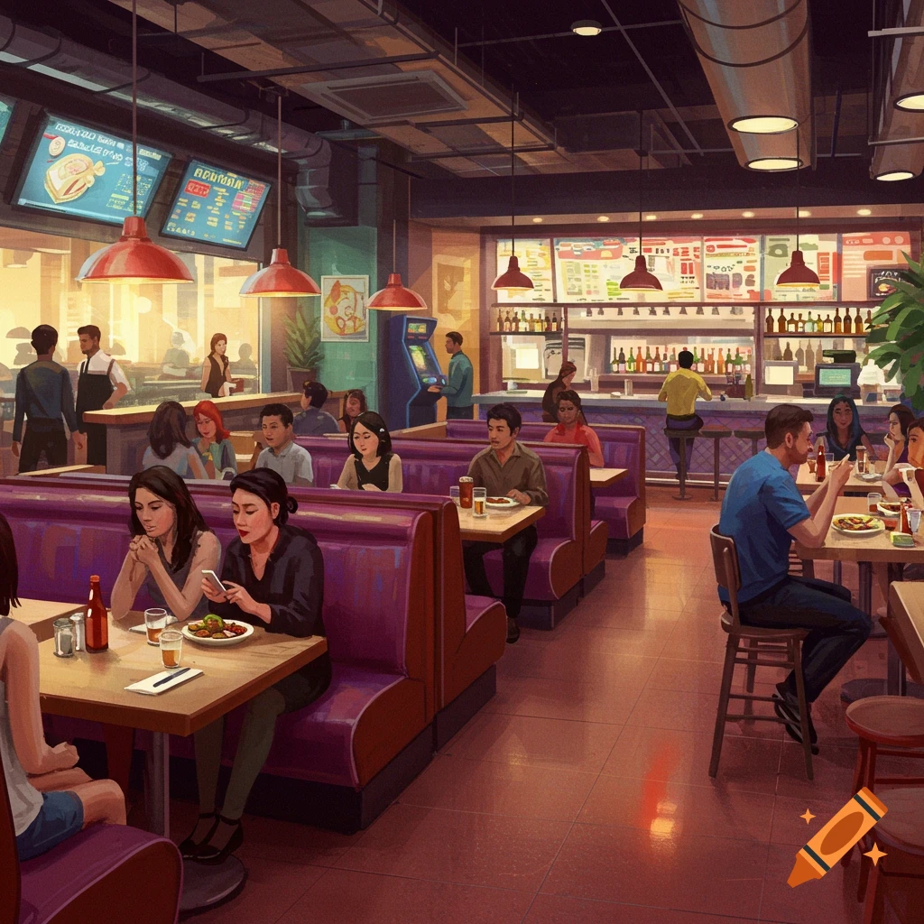 People dining in a retro restaurant with purple booths.