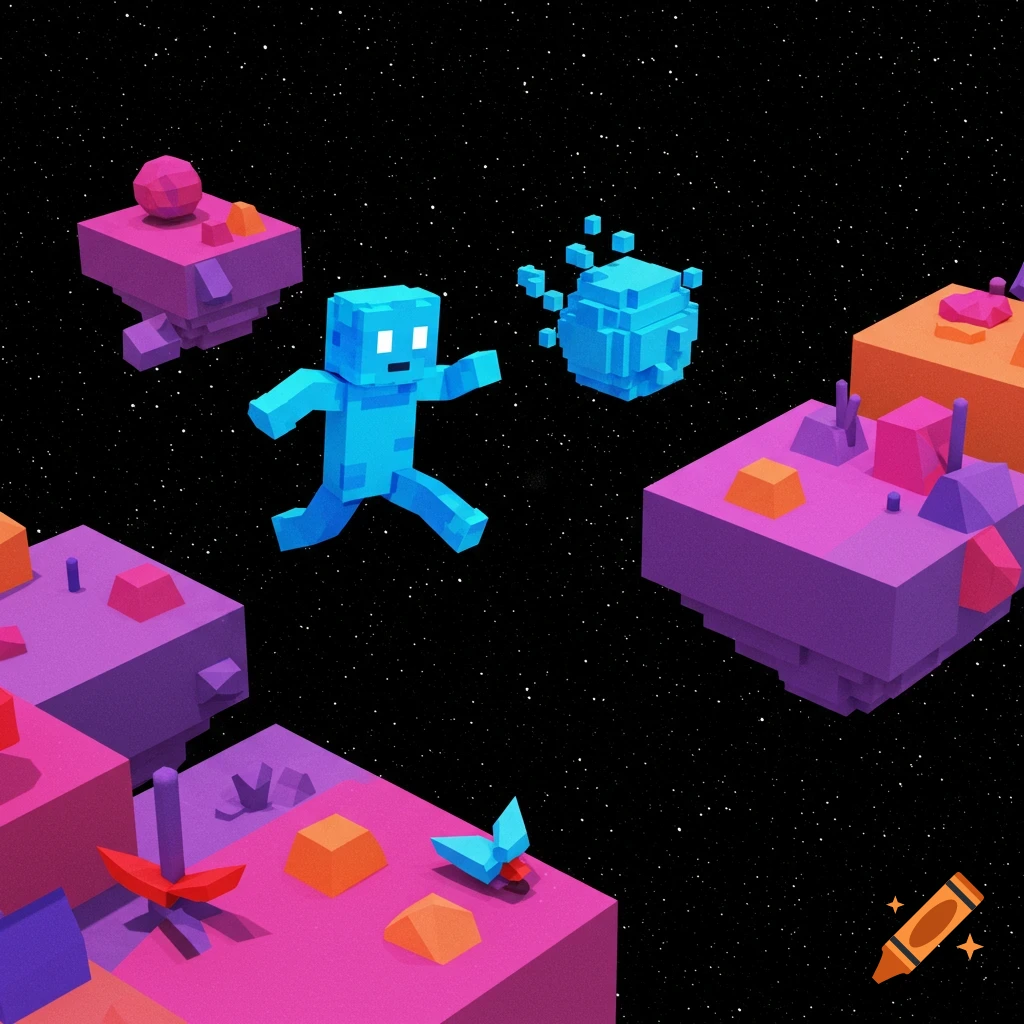 A blocky blue humanoid attempts to jump between floating voxel islands in space.