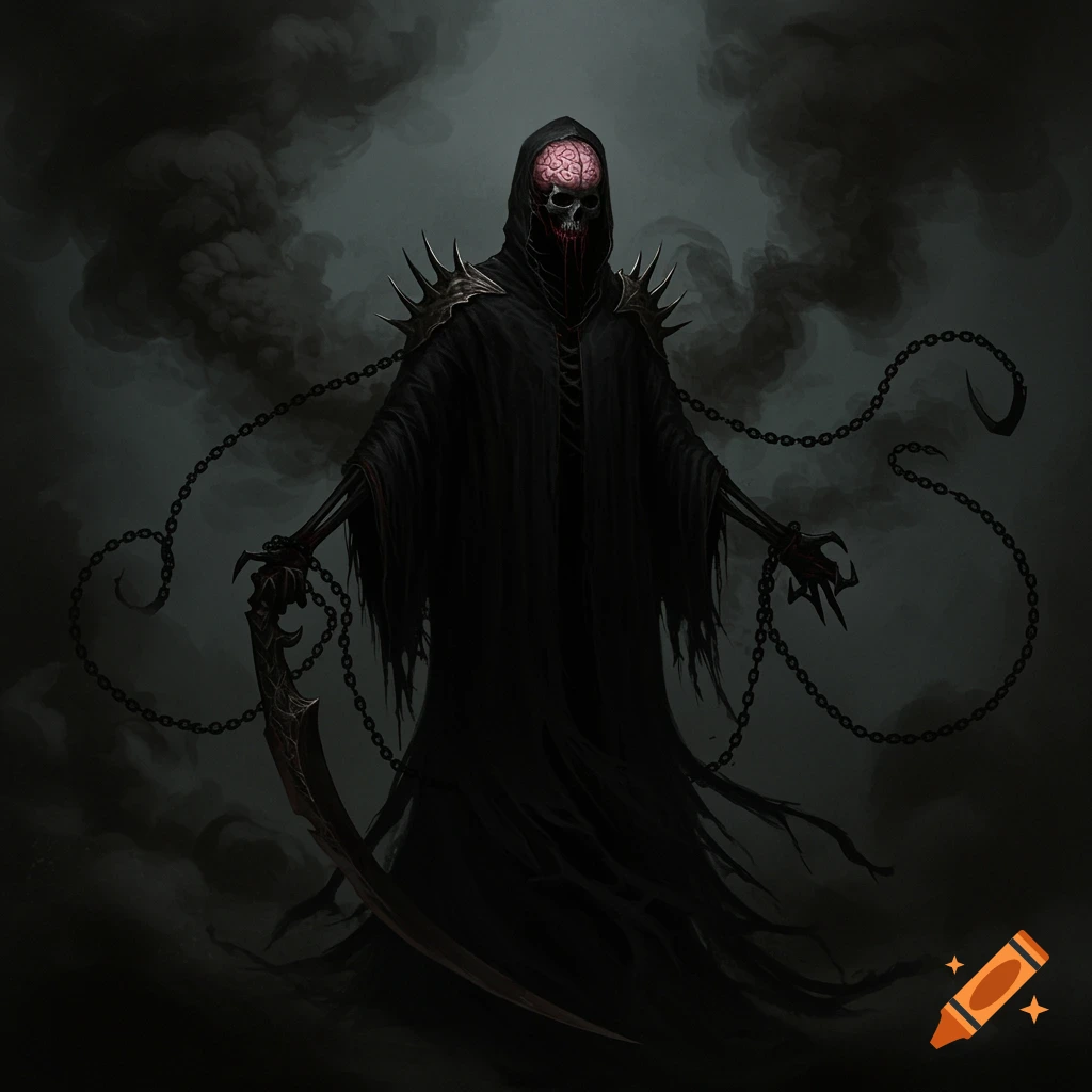 A dark hooded skeletal figure with a visible brain, holding chains and scythe in smoke.