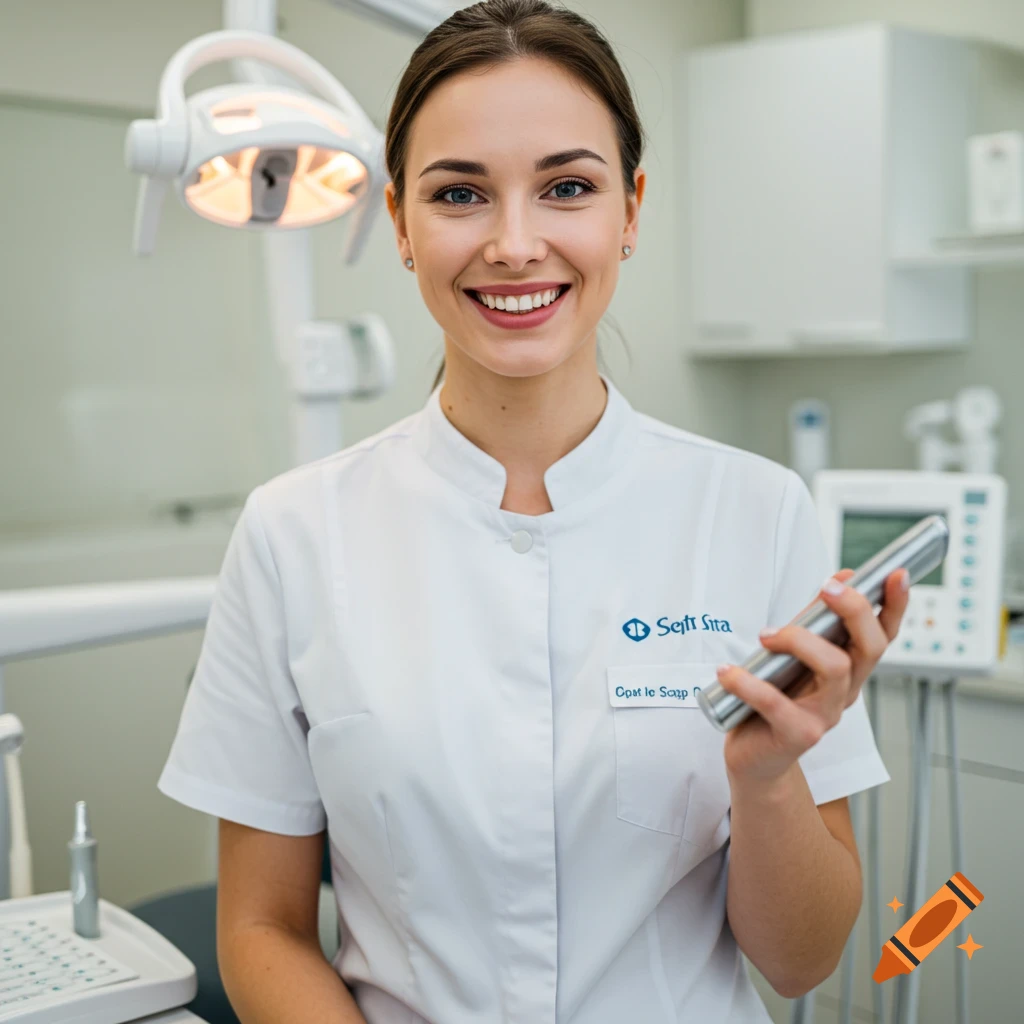 A smiling person in a white medical coat stands in a dental office, holding a tool.