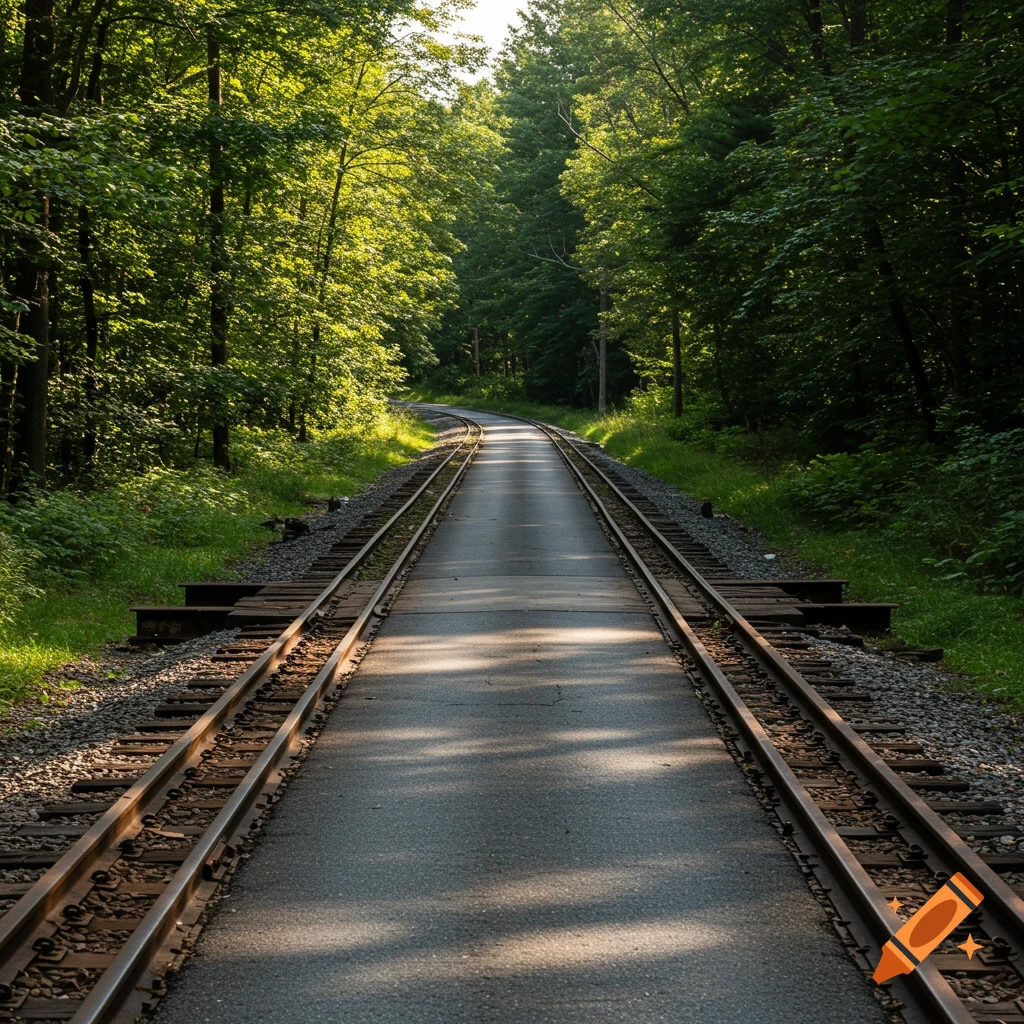 Train tracks and a paved road lead through a sunlit forest