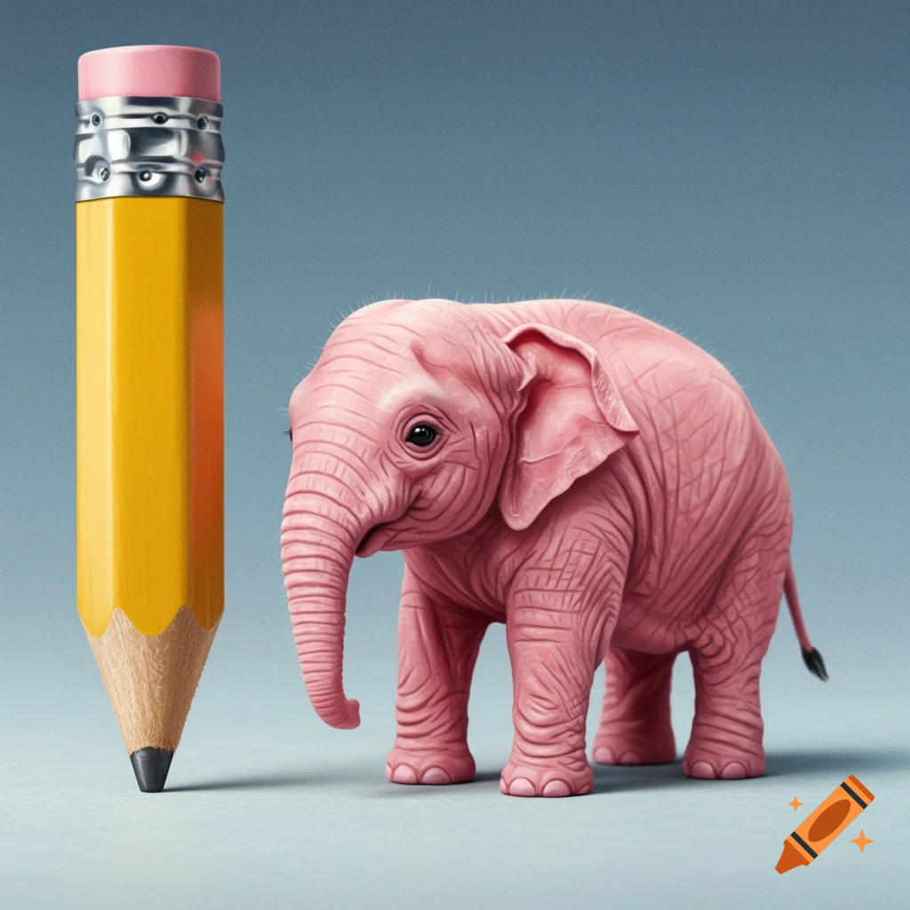 A small pink elephant stands next to a large yellow pencil.