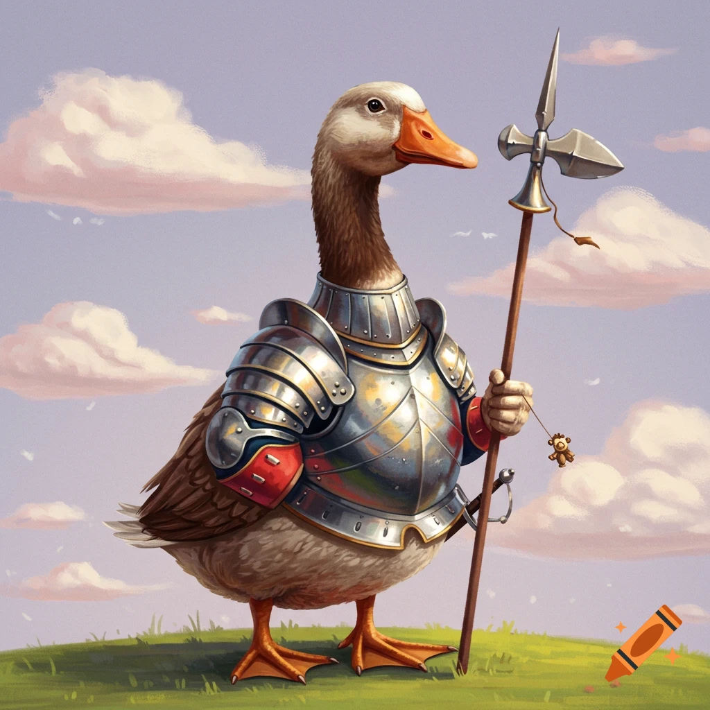 A goose wearing medieval armor and holding a polearm weapon.