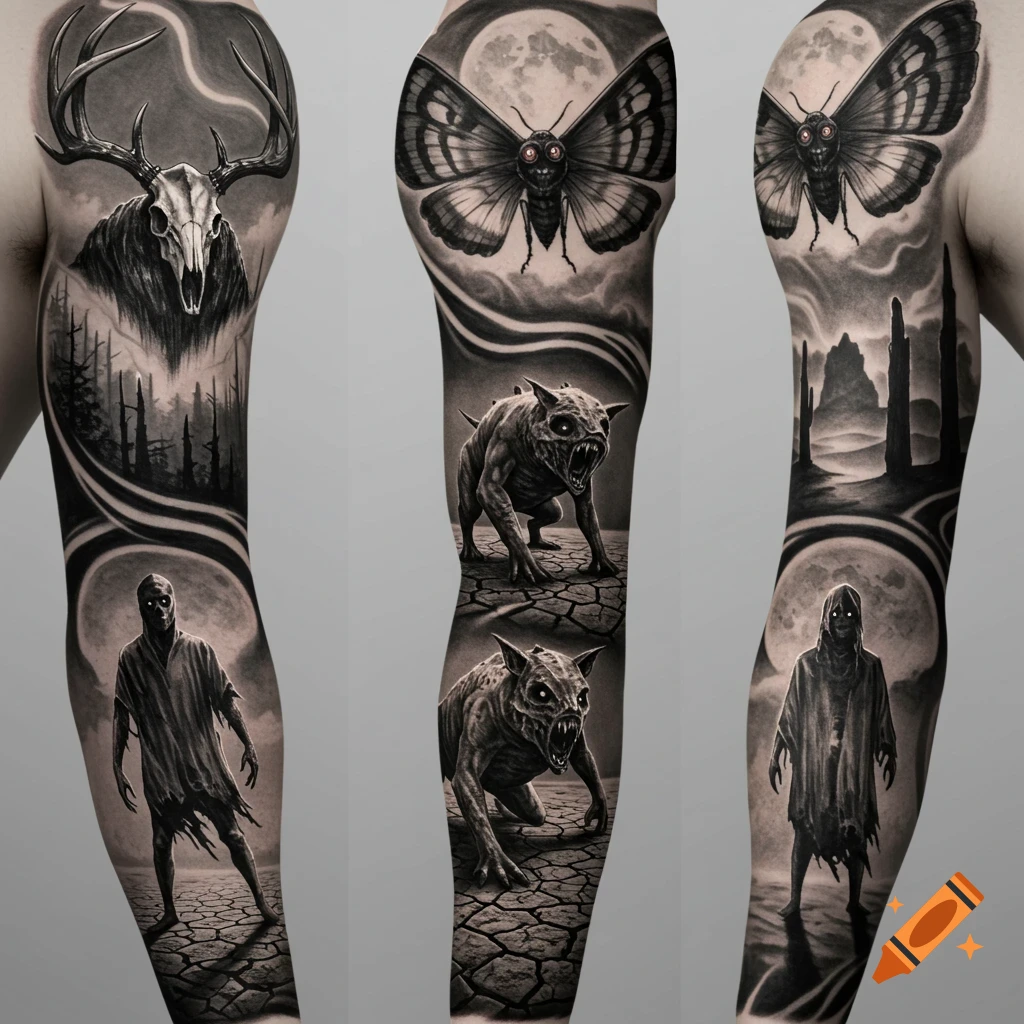 Black and gray horror tattoo sleeve with deer skull, mothman, creatures, and figure.