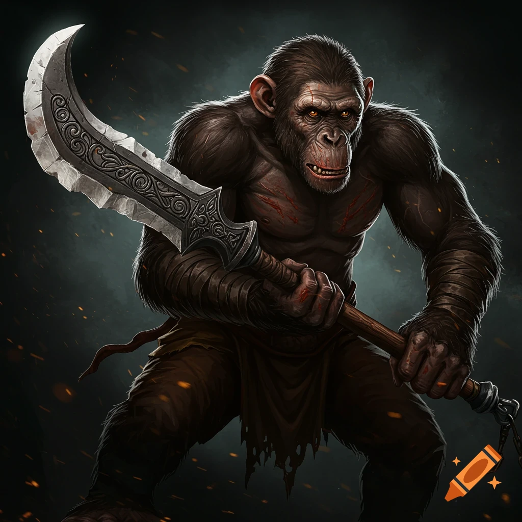 A muscular humanoid chimpanzee warrior holding a large ornate glaive.