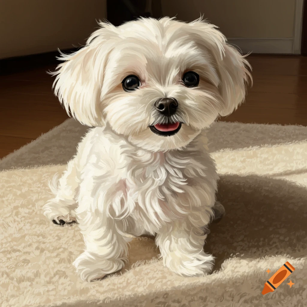 A Maltipoo puppy sitting on a rug.