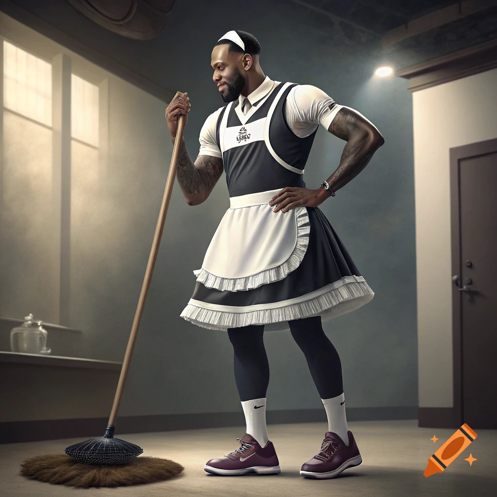 A man resembling Lebron James in a black and white maid costume stands holding a broom.