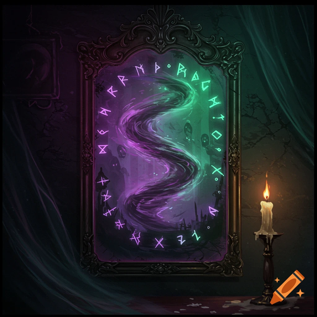 A magic mirror with glowing runes and a smoky void inside, lit by a candle.