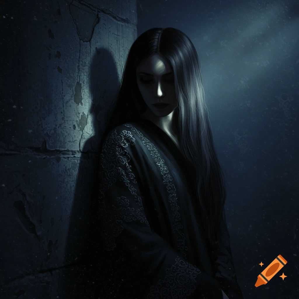 A woman shrouded by shadow in a dark room.