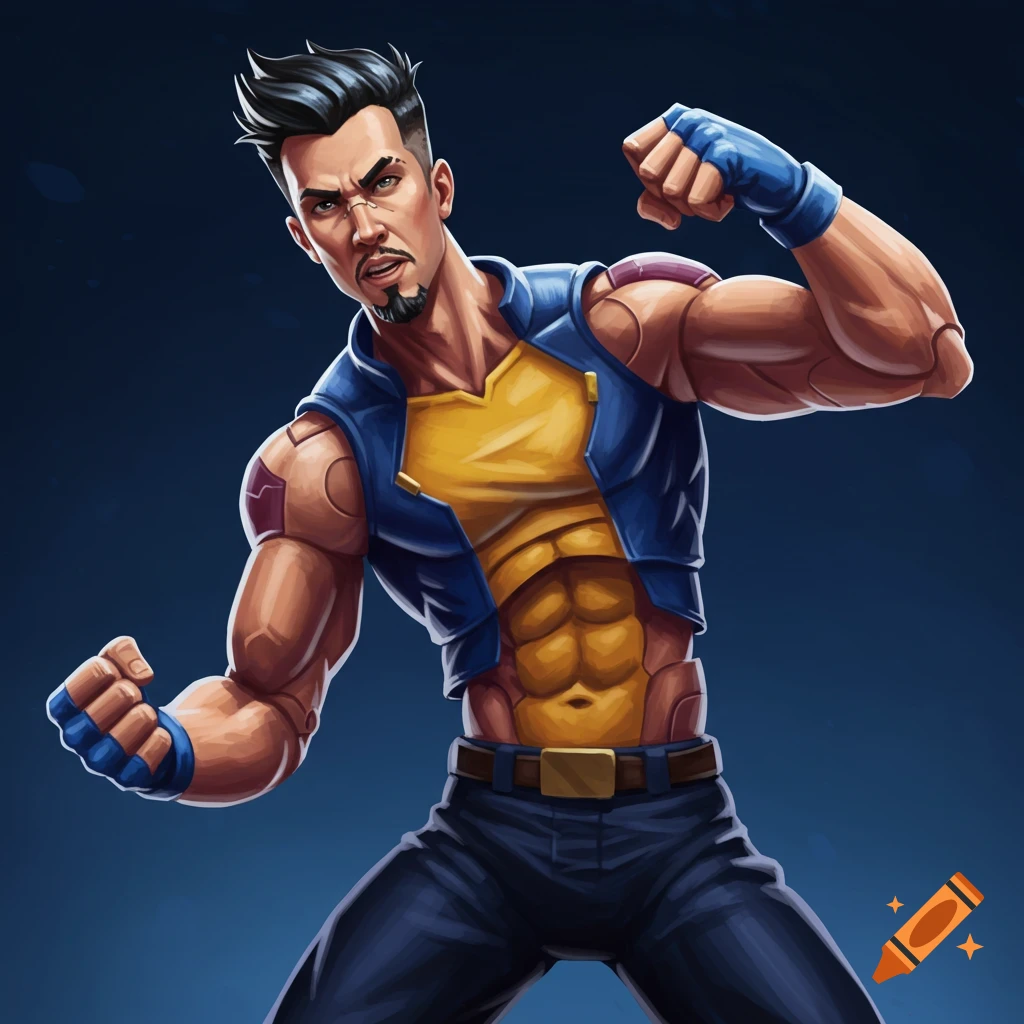 A stylized illustration of a muscular man in a superhero-like costume, flexing his fists.
