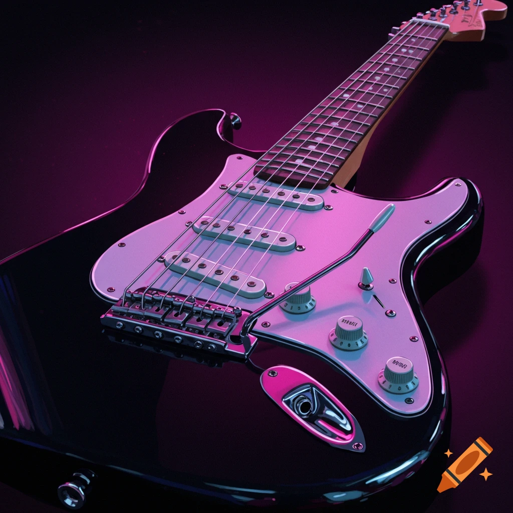 A black electric guitar is lit with pink and purple lights against a dark background.