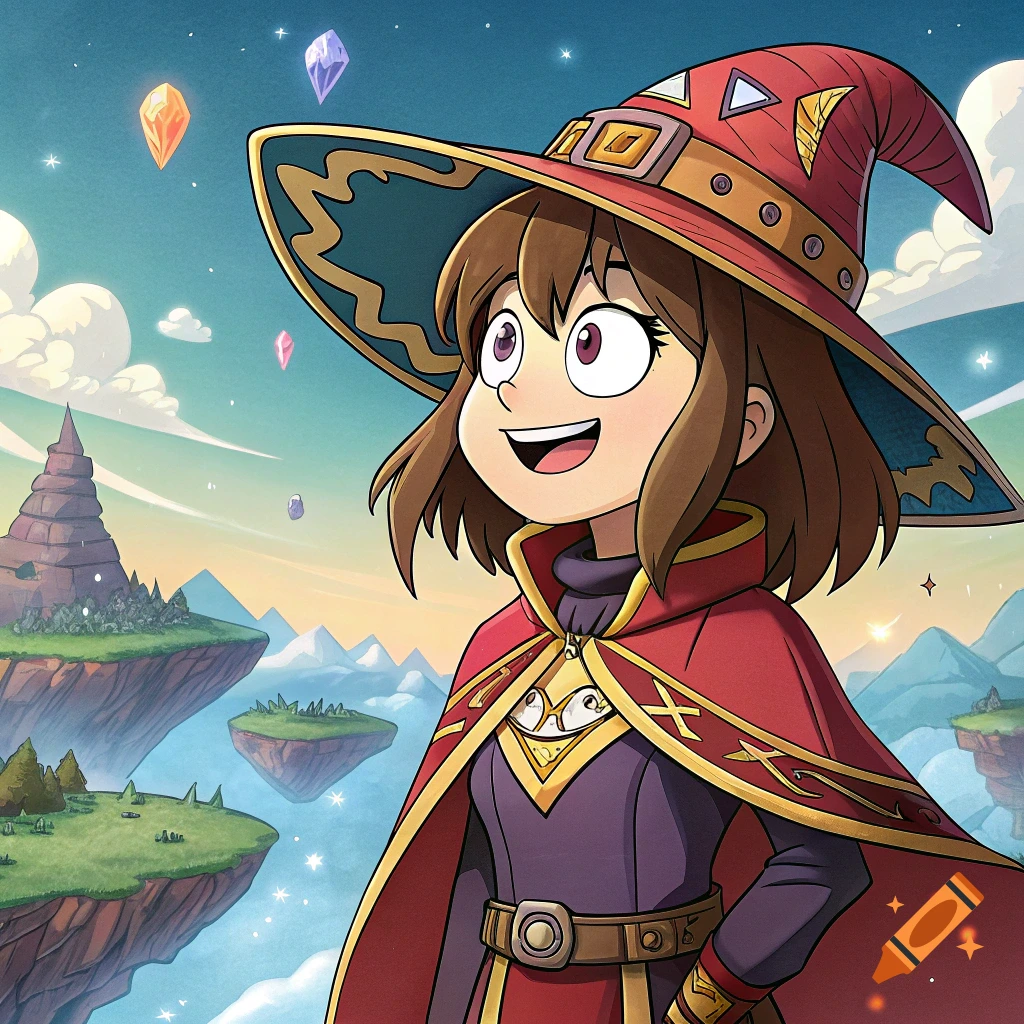 Cartoon anime girl in wizard cloak and hat smiling before floating islands.