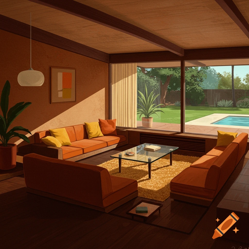 A mid-century modern sunken living room with a large window offering a view of the yard and pool.