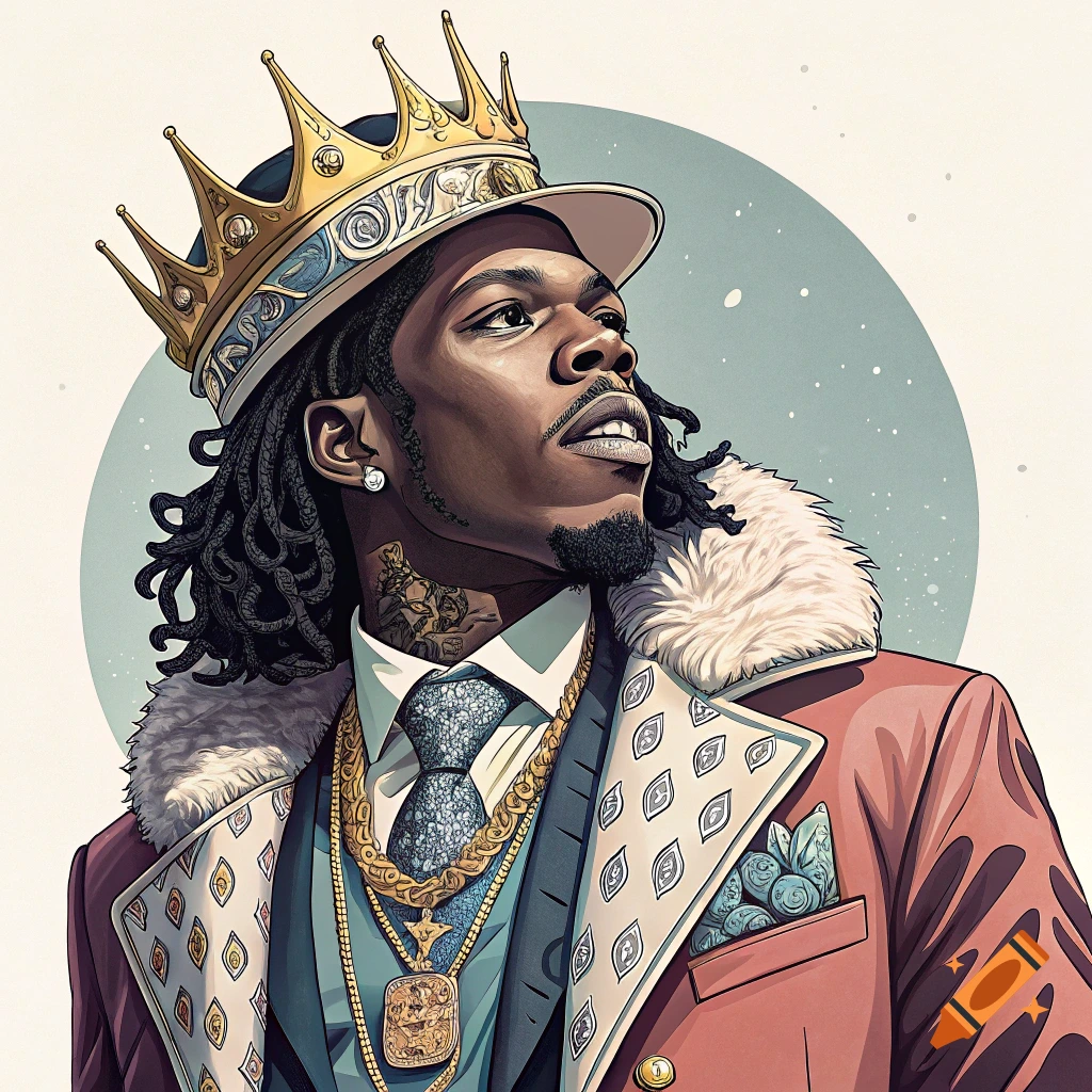 Stylized portrait of a man with a crown, fur-lined coat, and gold chains.
