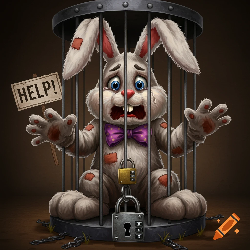 Cartoon rabbit with patches sits crying in a cage with a Help sign.