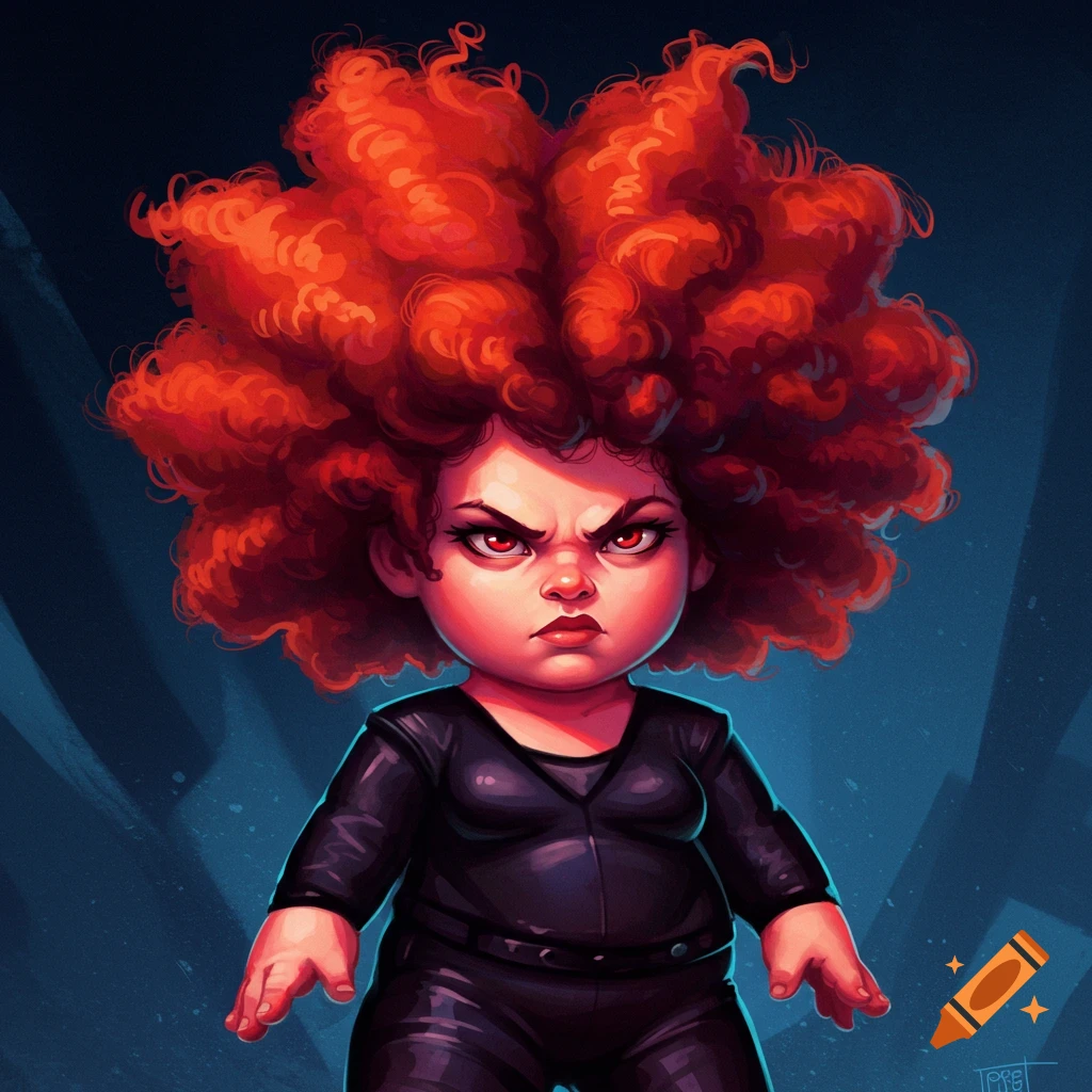 An angry short woman with large red curly hair in black clothes.