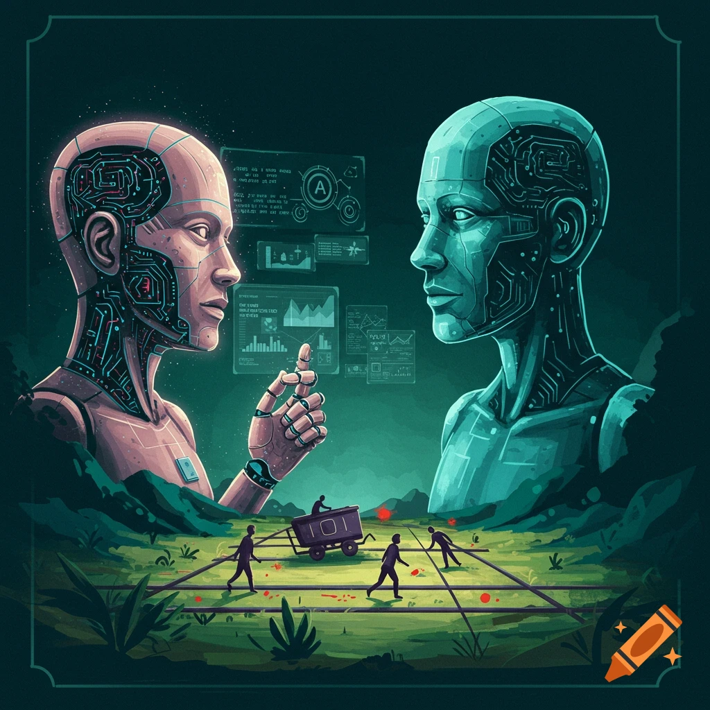 Two robots discussing data screens above a miniature scene illustrating the trolley problem.