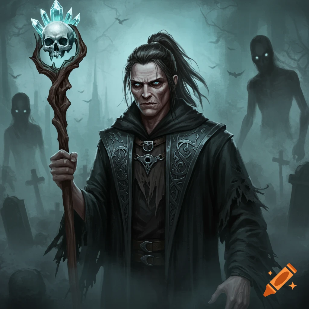 A necromancer holding a staff with a skull and crystal in a foggy graveyard with zombies.