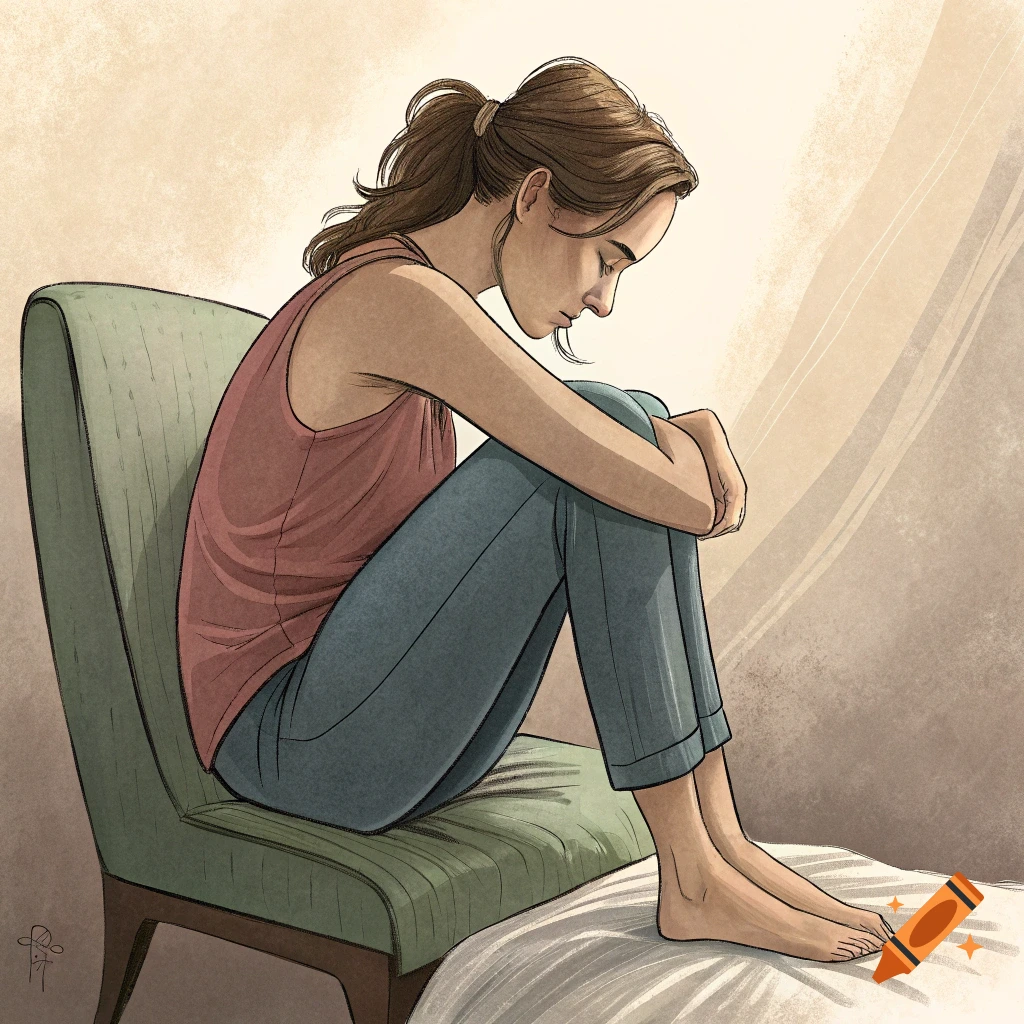 Illustration of a woman sitting slumped on a chair, arms around her legs, head down.