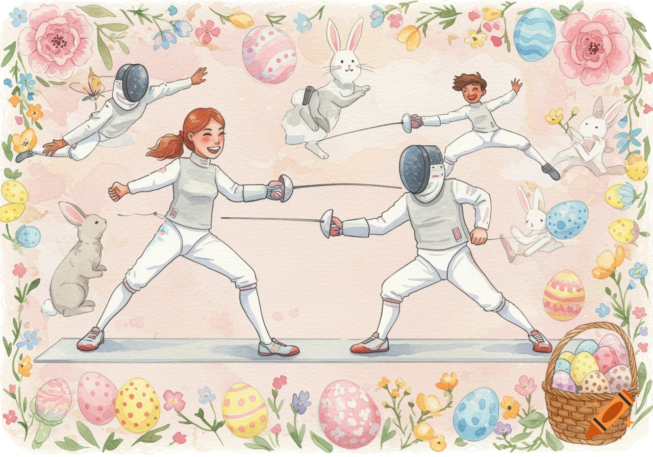 A watercolor illustration of fencers, bunnies, and Easter eggs in a floral border.