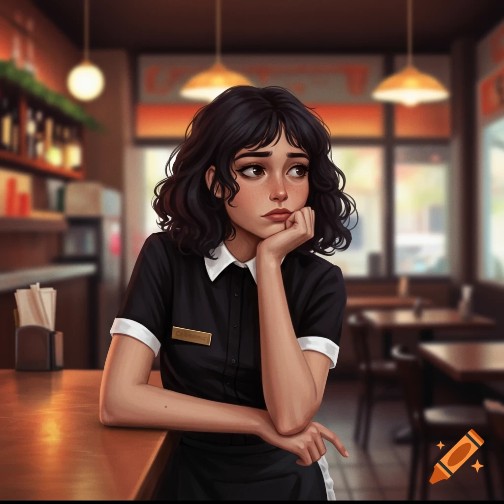 A thoughtful waitress leaning on a counter in a diner.
