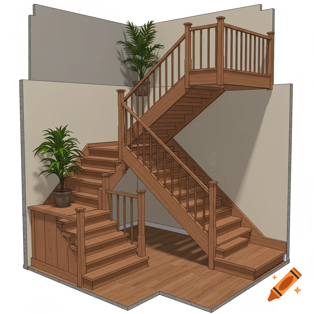 A 3D rendering of several sets of wooden staircases and landings, with potted plants placed on landings.