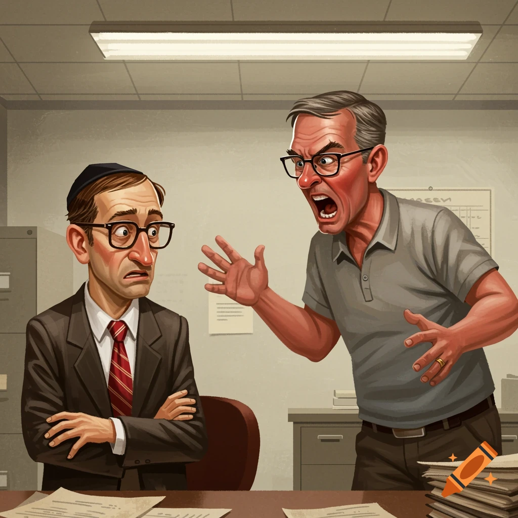 A worried man being yelled at by another man in an office.