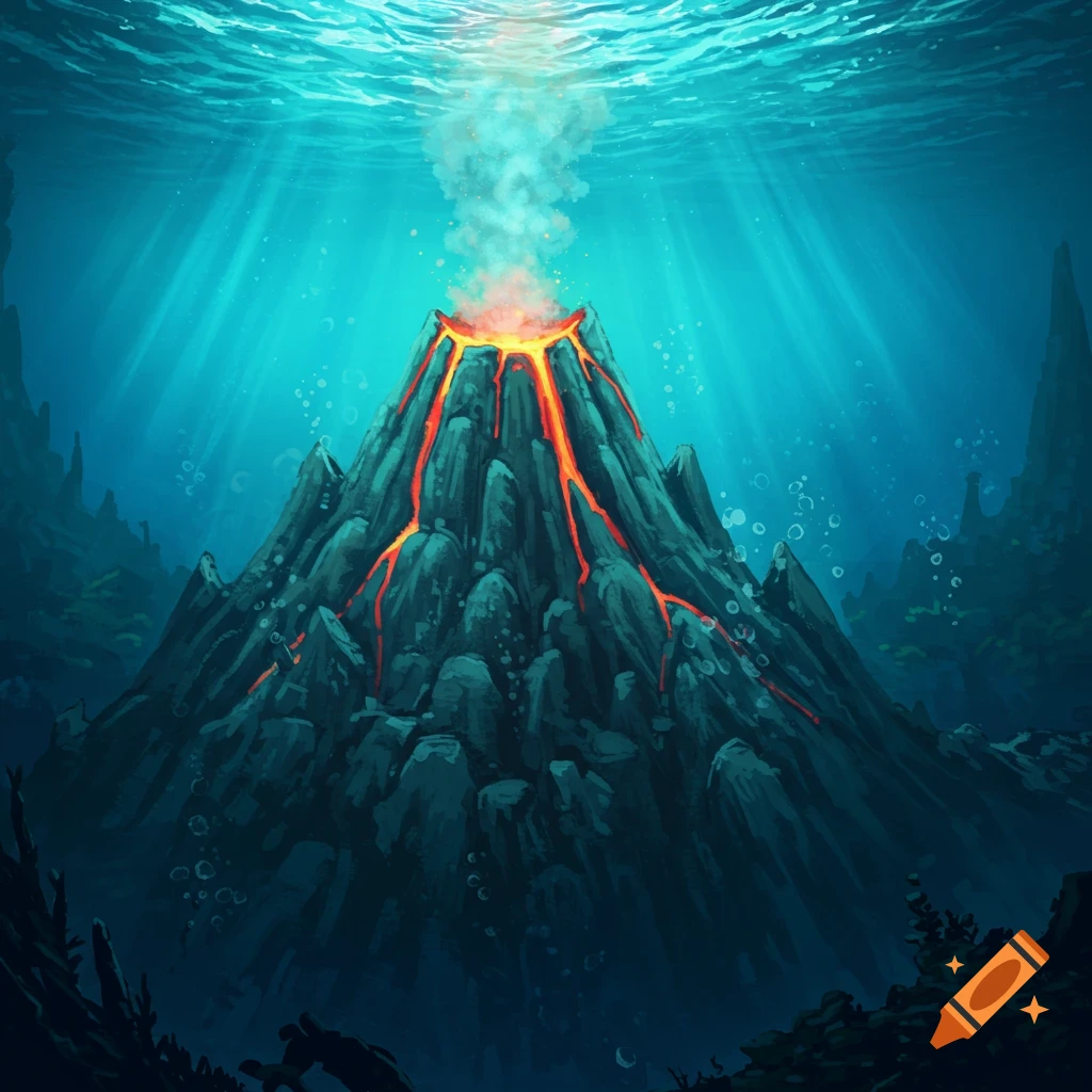 An underwater volcano erupts with lava and steam, lit by rays of sunlight filtering through the water.