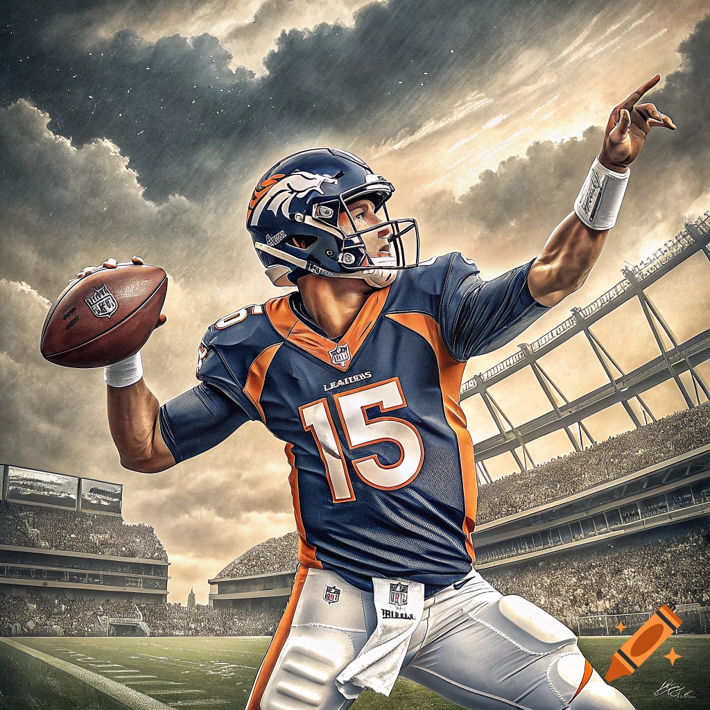 An illustration of an American football player in a blue and orange uniform with the number 15 throwing a pass in a stadium under dramatic clouds.