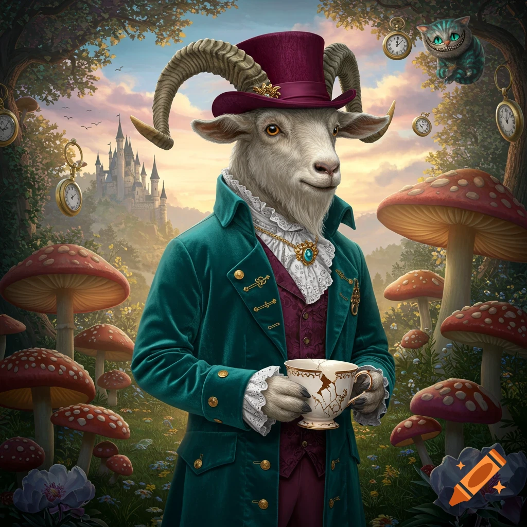 Anthropomorphic goat in teal coat and top hat holds teacup in whimsical garden with mushrooms, clocks, castle, Cheshire Cat.