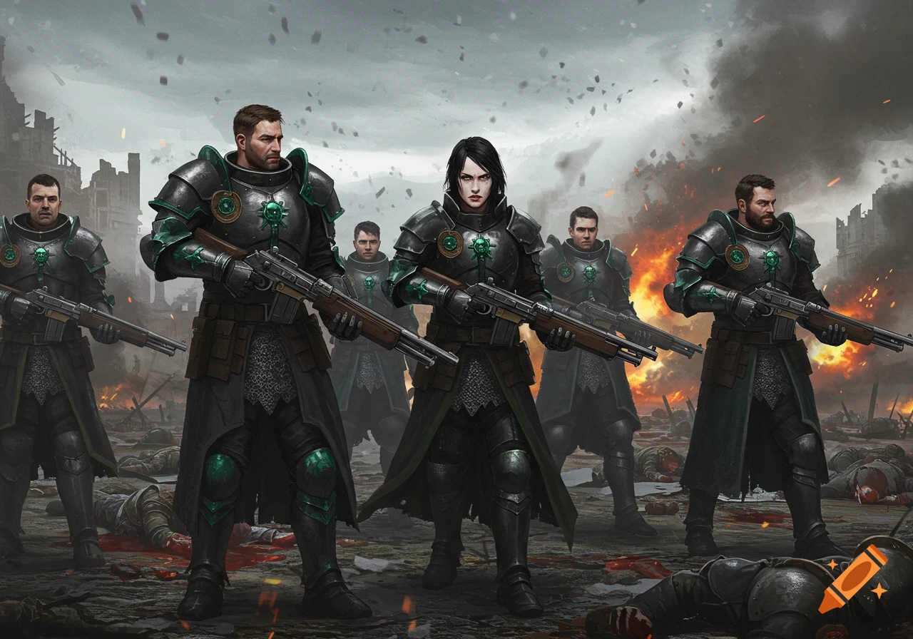 Armored knights stand on a smoky, war-torn battlefield with fallen enemies.