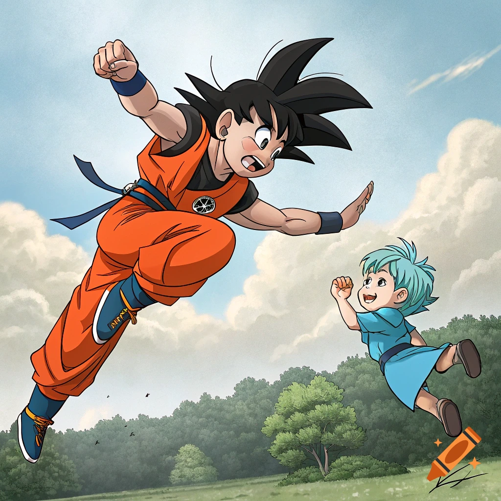 Anime image of Goku flying next to a young girl with blue hair over a field.