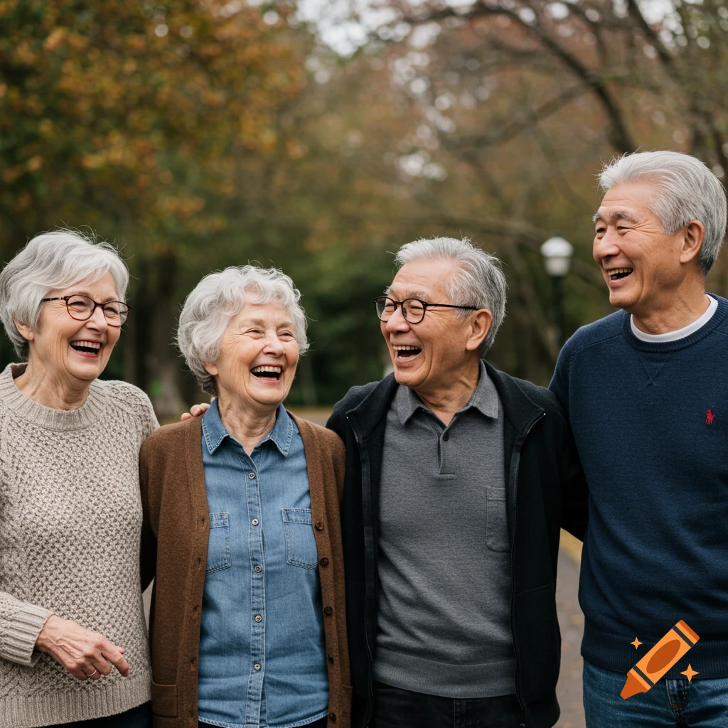 Four elderly people laughing together outdoors.
