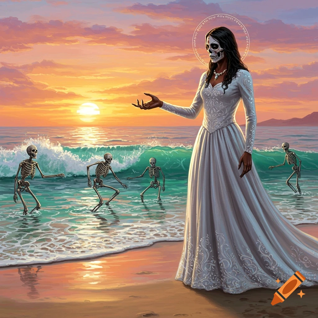 Santa Muerte on a beach at sunset with skeletons in the water.