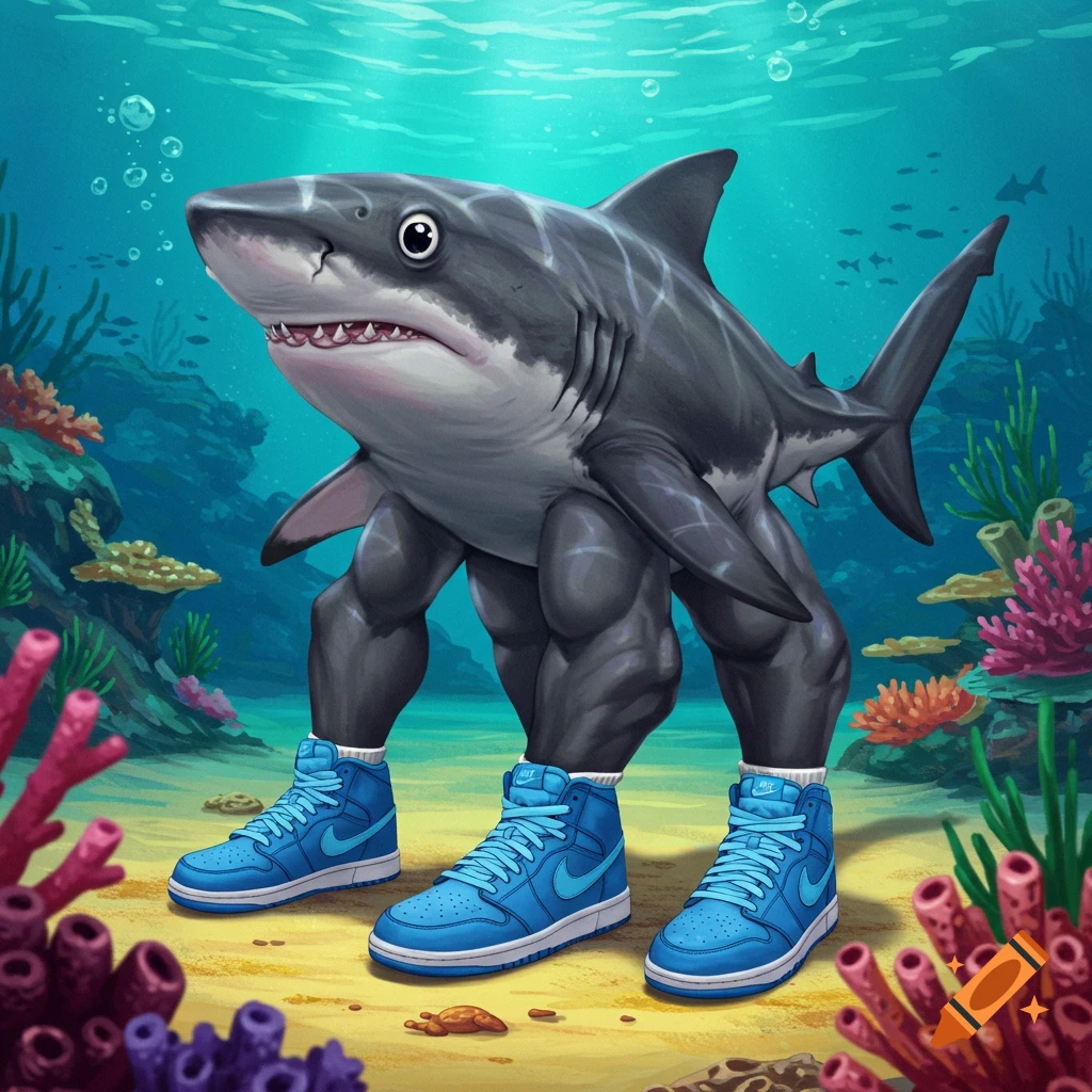 Cartoon shark with legs wearing blue sneakers on the seabed