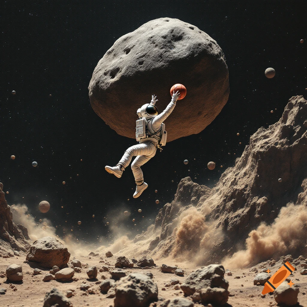 Astronaut appears to shoot a large asteroid like a basketball in space