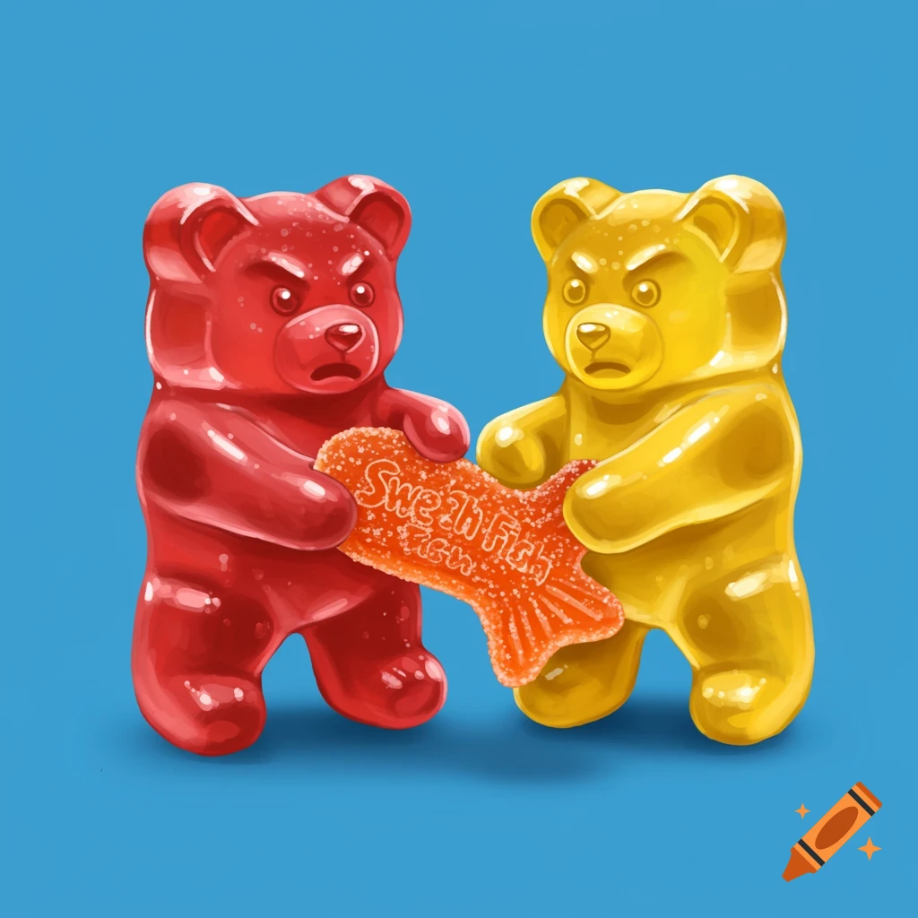 Two gummy bears, red and yellow, tugging on a Swedish Fish gummy on a blue background.