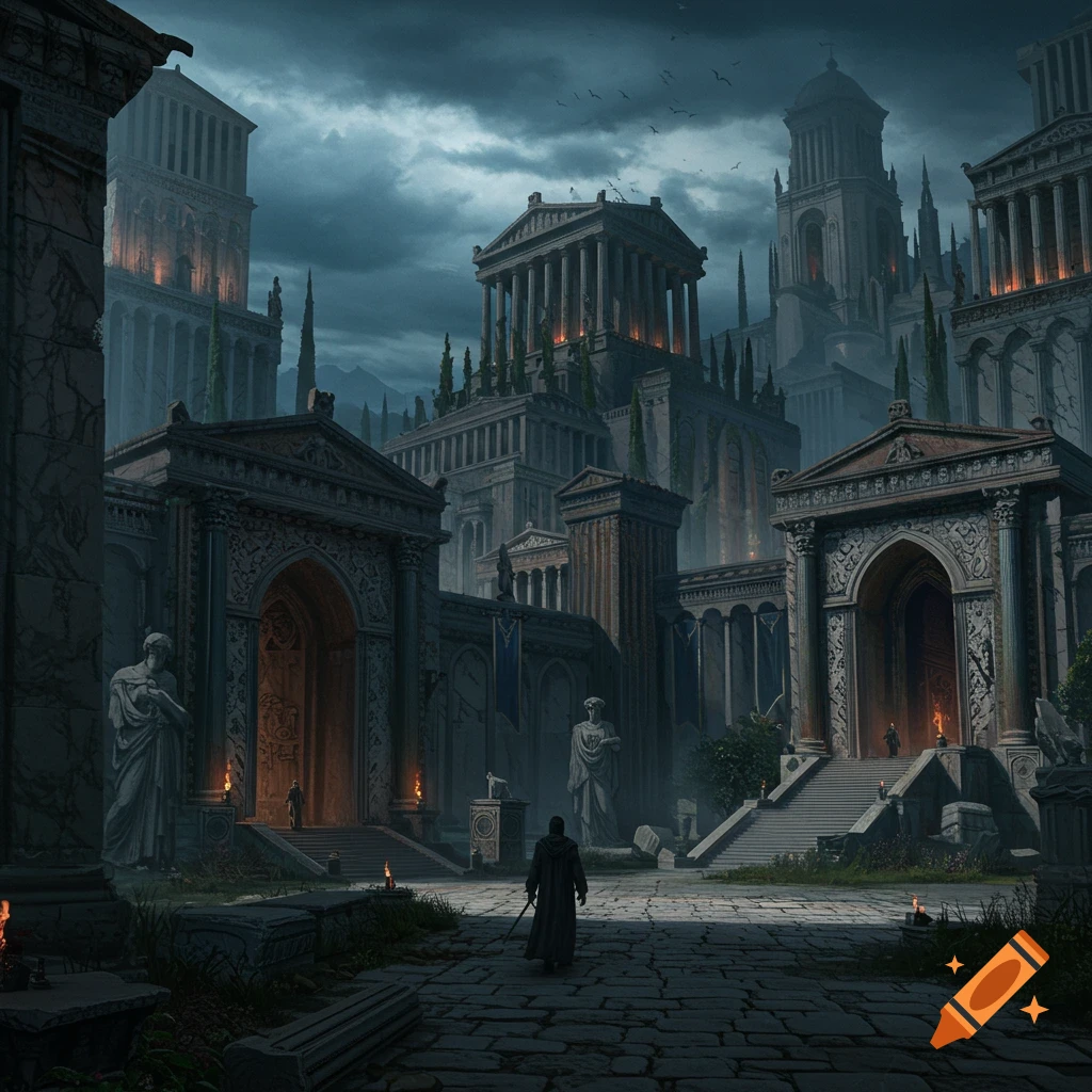 A figure stands in a courtyard looking at ancient, dark buildings under a stormy sky.