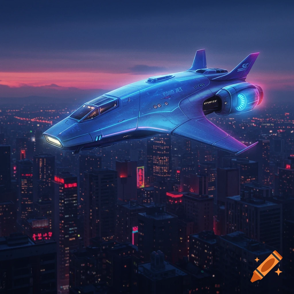 A futuristic blue jet flying over a futuristic city at dusk.