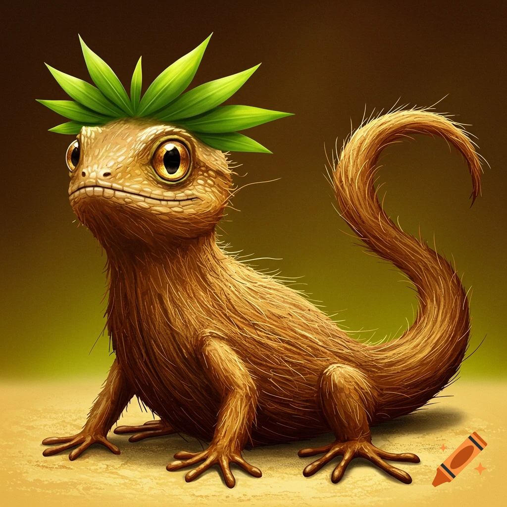 A furry lizard creature has green leaves on its head.