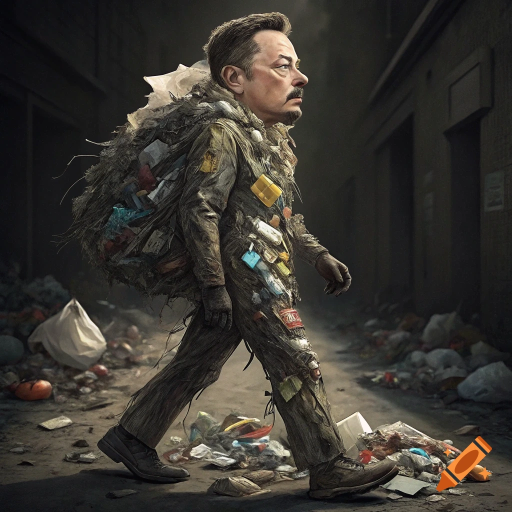 Figure resembling Elon Musk walks through a trash-filled alley, covered in garbage.