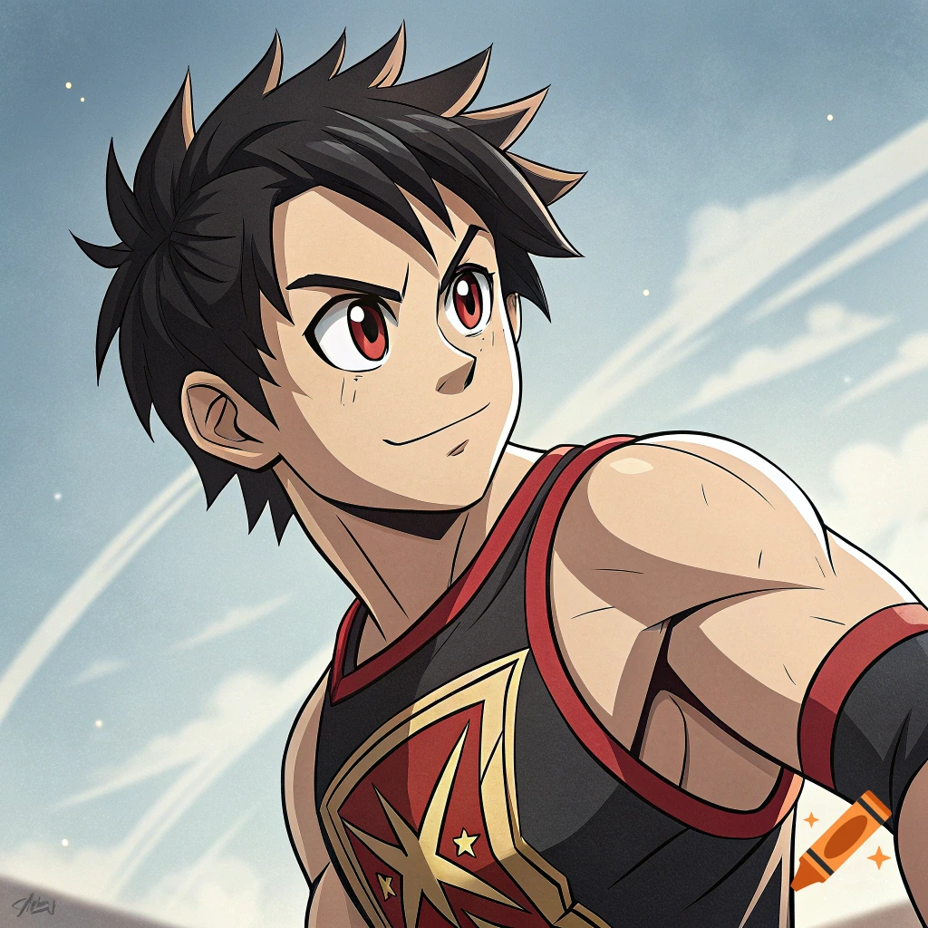 Anime portrait of a young male character in a wrestling singlet against a sky background.