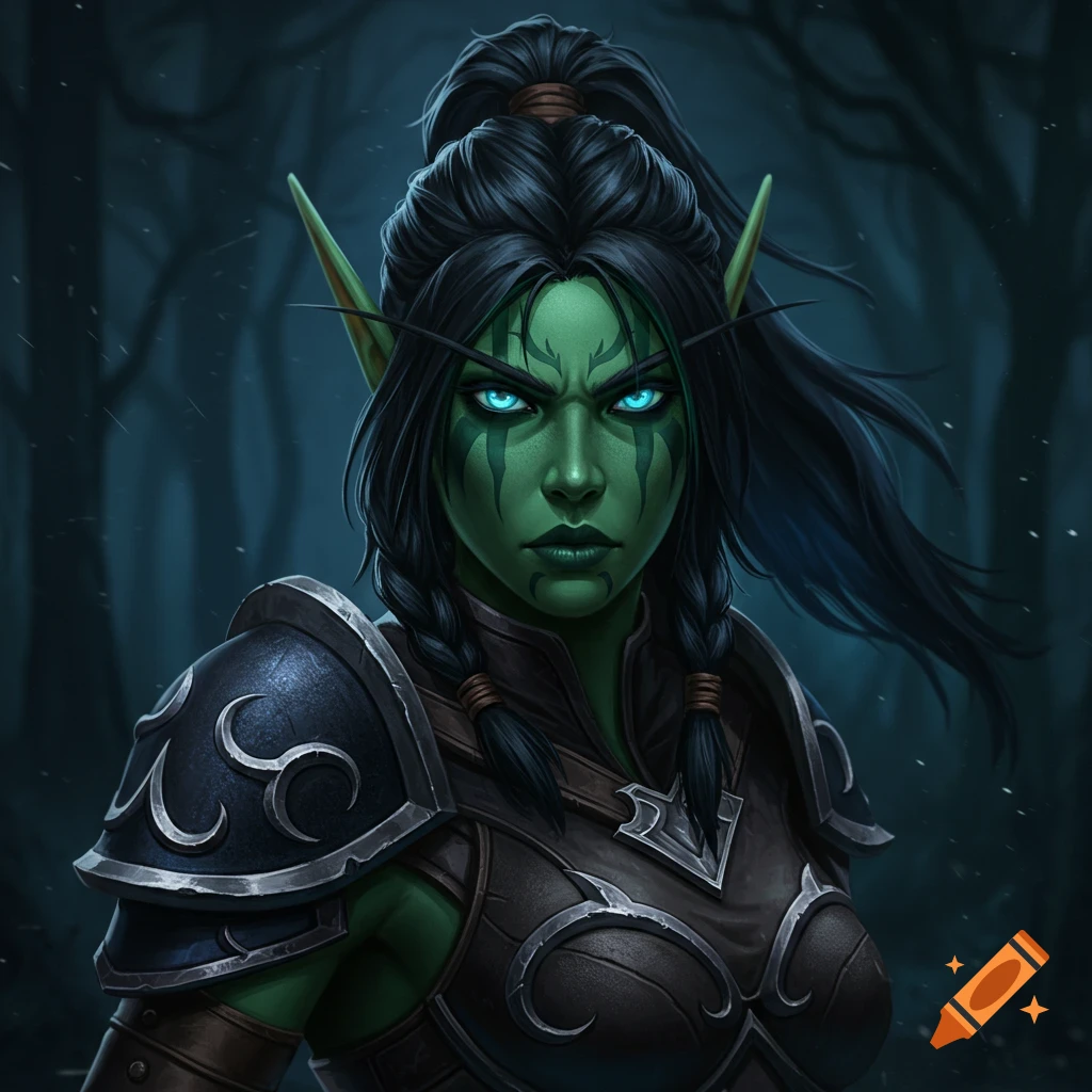 Portrait of a green-skinned fantasy character with pointed ears, glowing eyes, and armor in a forest.