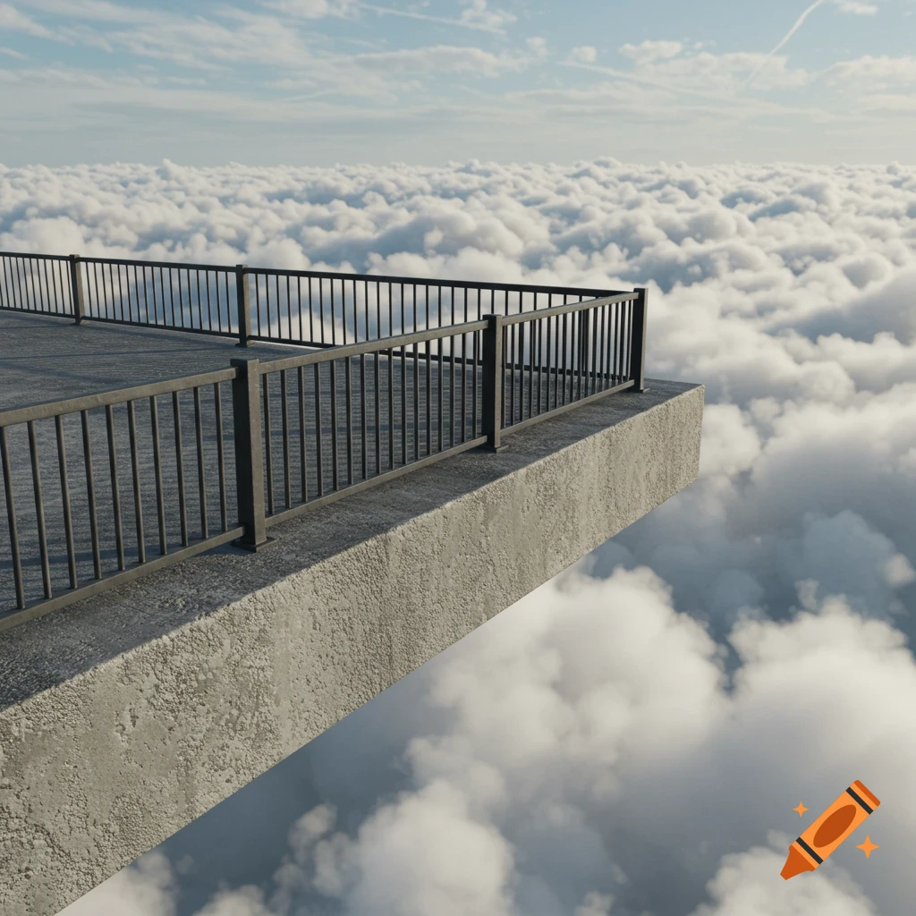 A concrete viewing platform with a metal railing extends over a vast sea of white clouds under a blue sky.
