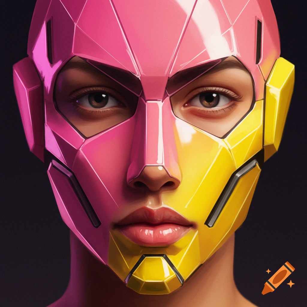 Close-up of a person wearing a geometric mask that is pink on one side and yellow on the other.