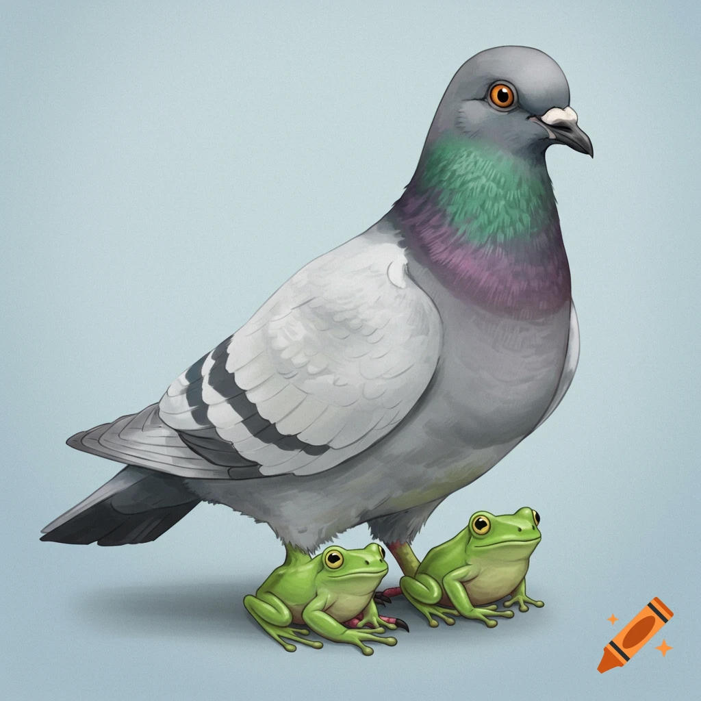 A pigeon standing with two frogs underneath its feet