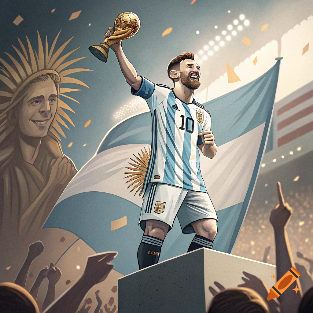 Illustrative image of Lionel Messi holding the World Cup trophy in a stadium.