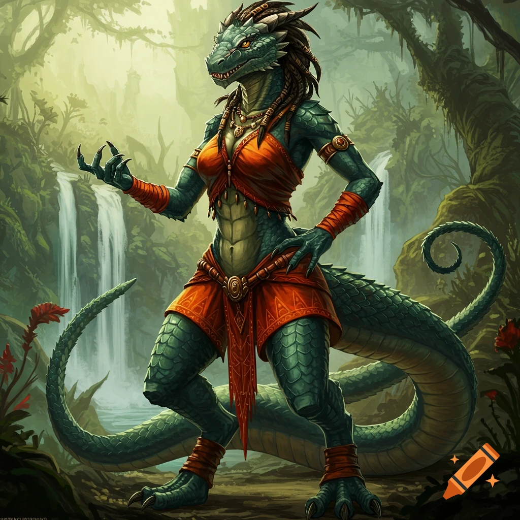 A female argonian standing in a jungle near waterfalls.