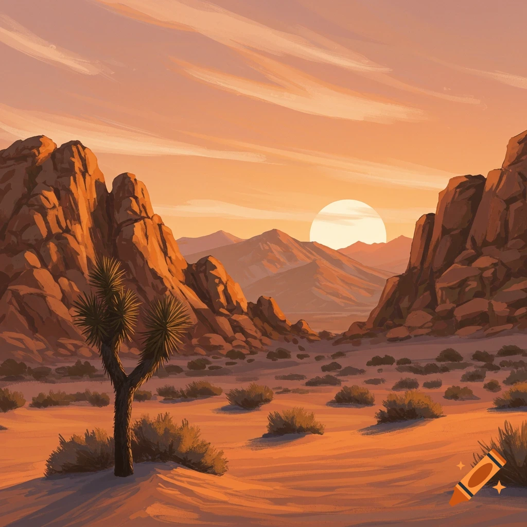 A desert mountain landscape at sunset with a Joshua tree.
